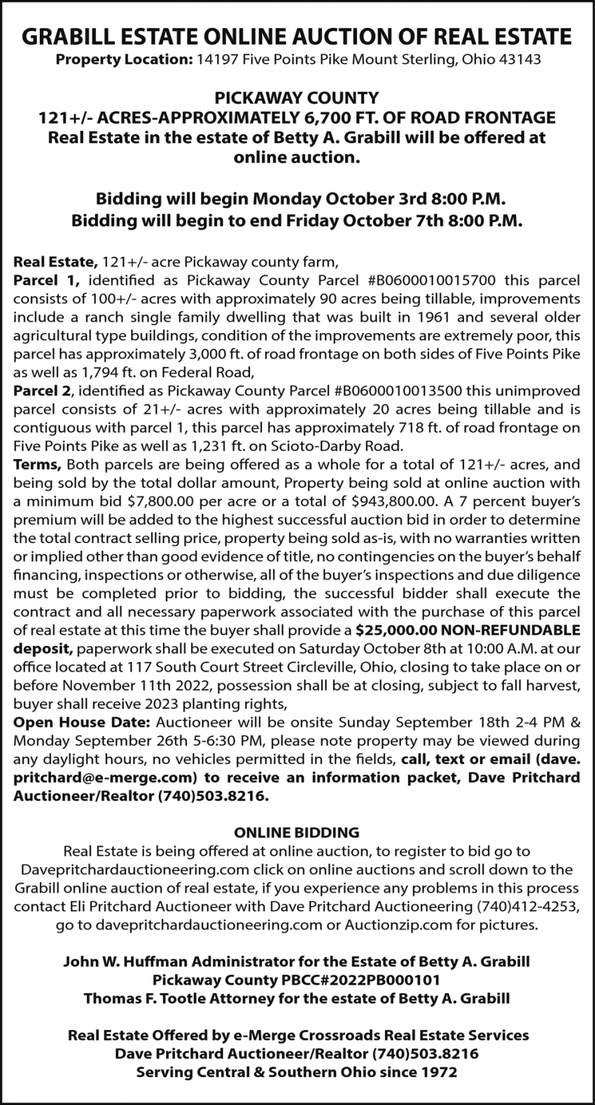 Grabill Estate Online, Dave Pritchard Auctioneering, Circleville, OH