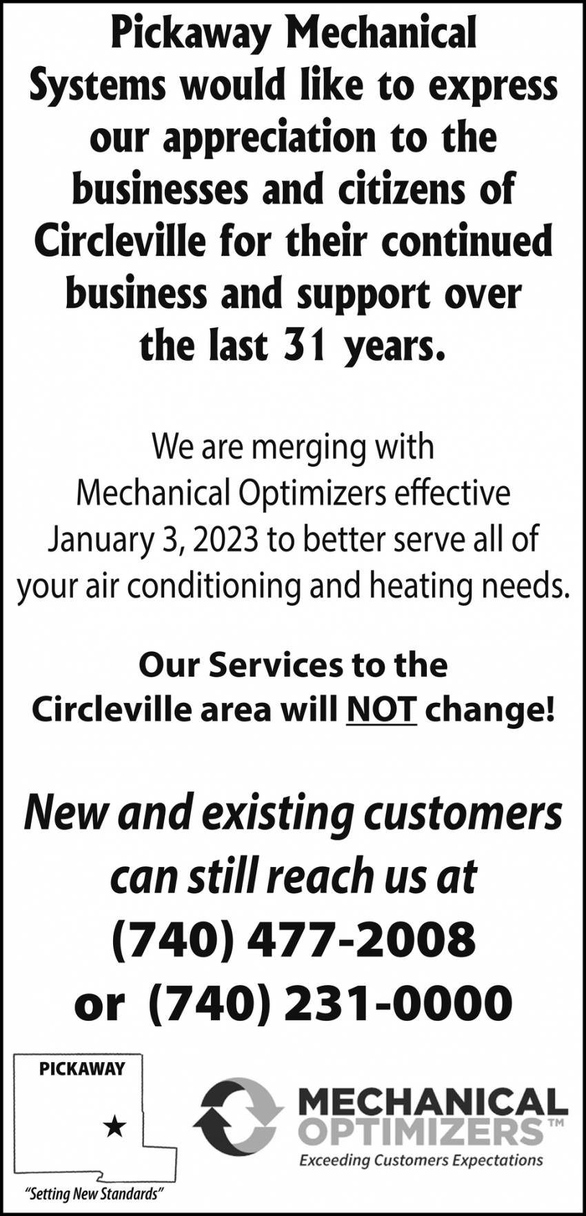 Our Services To The Circleville Area Will Not Change!, Pickaway